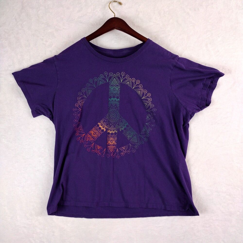 Purple Peace Sign‎ Graphic T-Shirt Boho Mandala Short Sleeve Crew Neck Tee